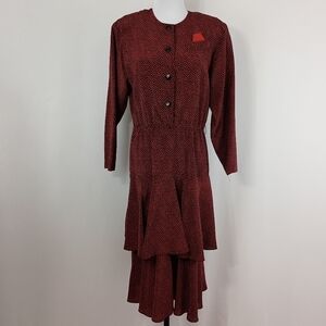 Vintage 80s/90s FTLTD Womens Red Polka Dot Layered Blouson Midi Dress Classic
